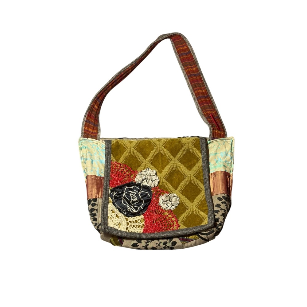 Handbags for Healing Patchwork Boho Shoulder Bag Velvet Floral Applique Green